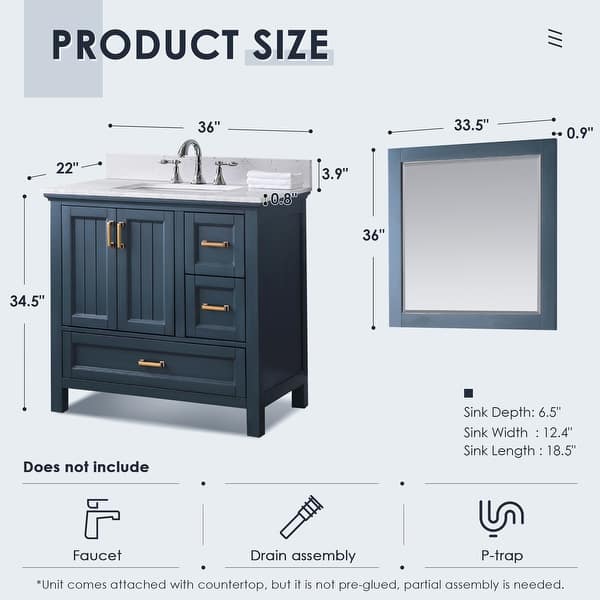 dimension image slide 2 of 3, Altair Isla Single Bathroom Vanity Set and Aosta White Countertop with Mirror