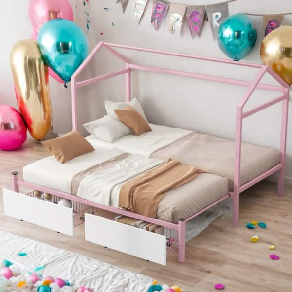 slide 2 of 15, Pink Twin XL to King Metal House Bed with 2 Drawers Pink