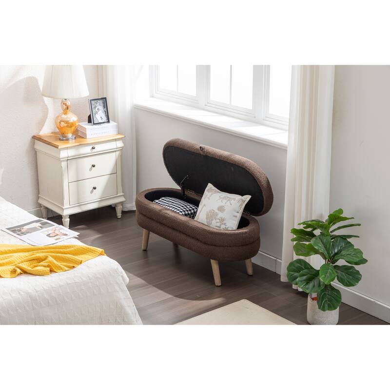 Bedroom Storage Bench, Velvet Oval Upholstered End of Bed Bench with Wood Legs, Modern Storage Ottoman Bench for Entryway