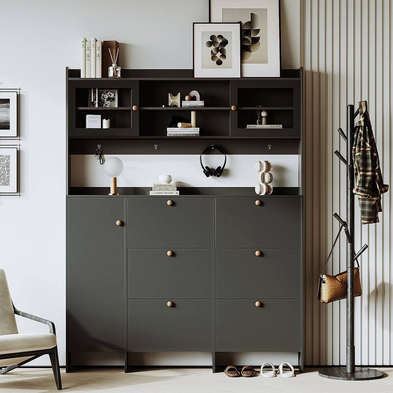 Hall Tree and Shoe Storage Bench with Flip Drawers and Doors