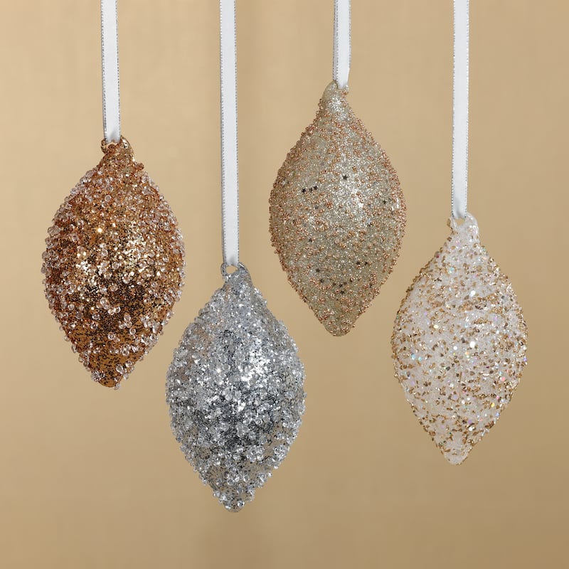Beaded Tear Drop Glass Ornaments, 12 Hanging Pieces (3 Sets of 4 Assorted)