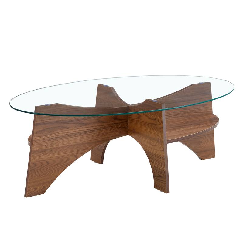 GDFStudio Elowen Tempered Glass Coffee Table with Wood Legs and Multi-Functional Design