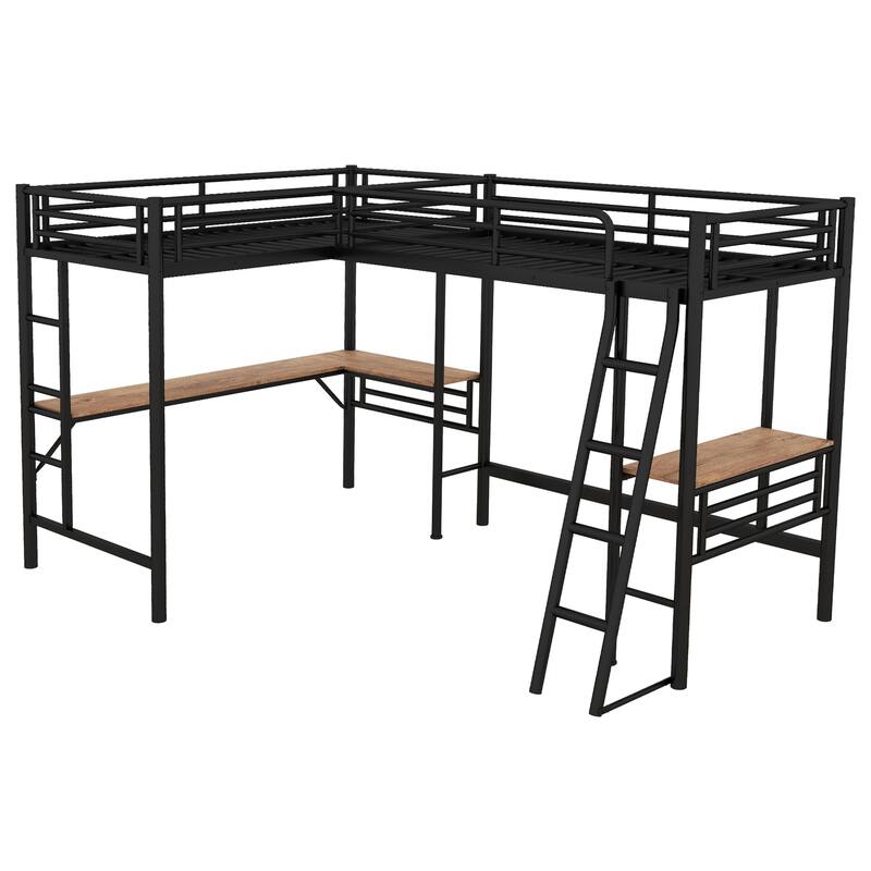 Twin Size Metal Loft Bed with Two Built-in Desks, Black