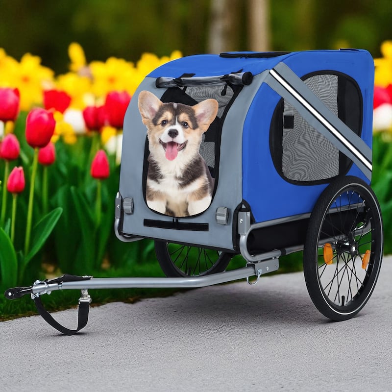 Folding Dog Bike Trailer with Steel Frame, 66LB Capacity Pet Carrier Cart with 20" Wheels & Waterproof Cover - Blue Grey