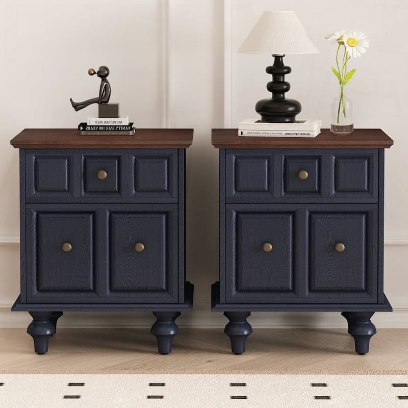 Wood NightStand with Metal Handle - Dark Blue/2-Piece - 2-drawer