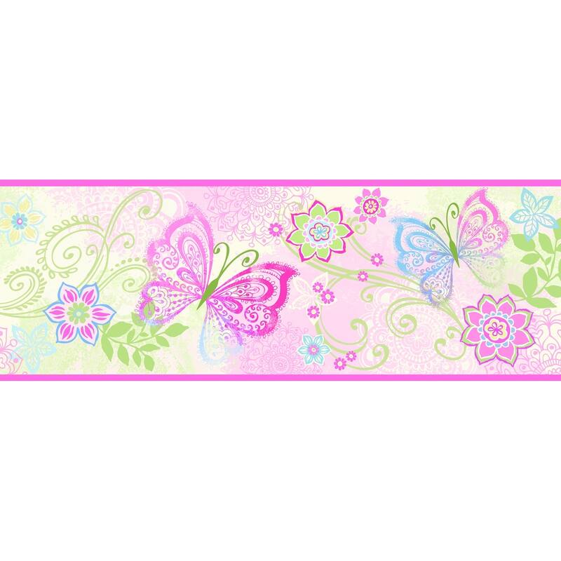 Animals Alice Fantasia Pink Boho Butterflies Scroll 33' L X 20.5 W Wallpaper Border - Pink