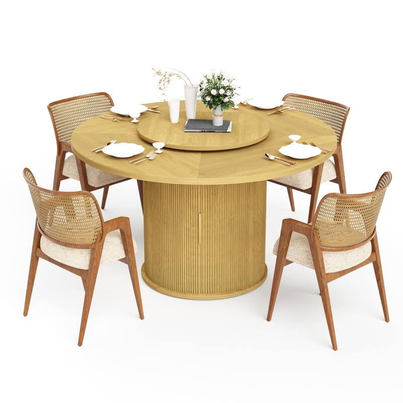 Anmytek Natural Wood 55-Inch Round Dining Table - Seats 6 with Double-Tier Storage and Rotating Tray - Natural