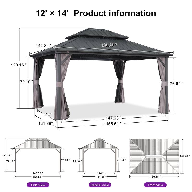PURPLE LEAF 10x12 Outdoor Galvanized Steel Hardtop Gazebo, Aluminum Frame Gazebo With Curtains