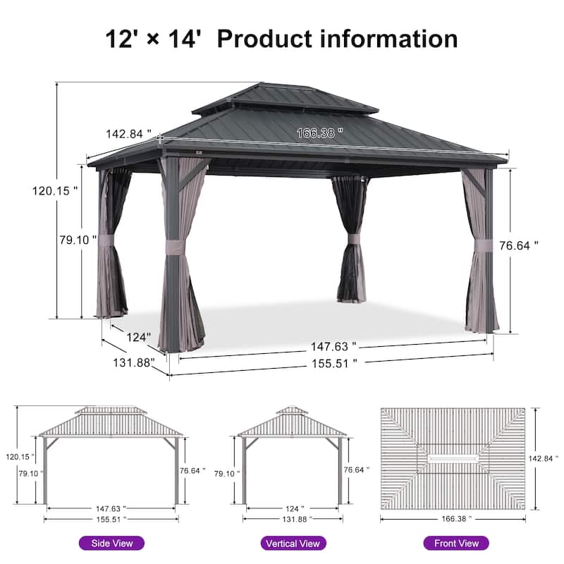 PURPLE LEAF Gazebo Outdoor Gazebo with Dual-Layer Galvanized Steel Double Roof Aluminum Gazebo with Netting and Curtains Grey