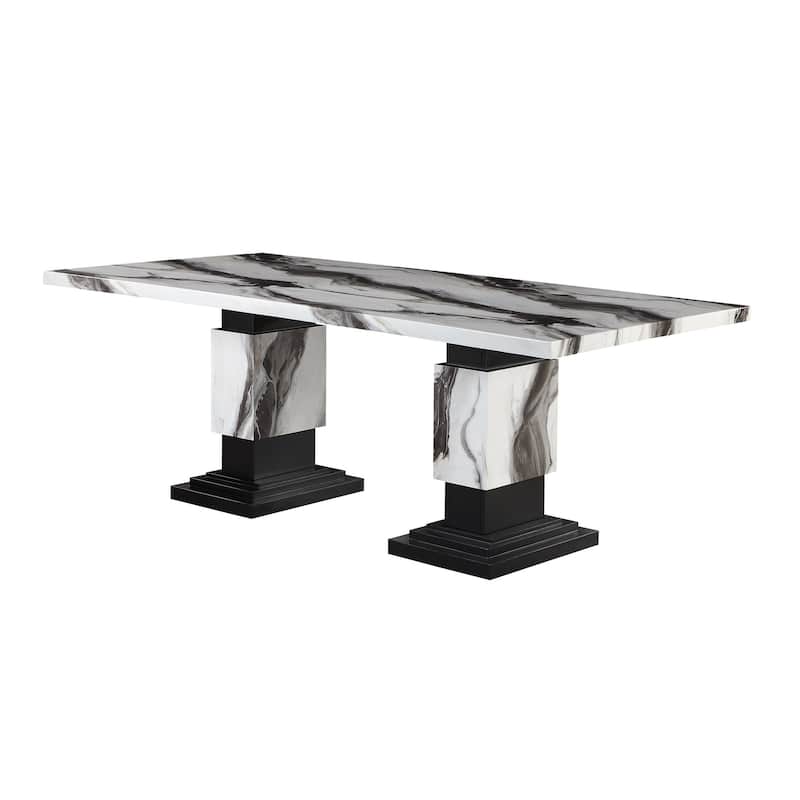 HomeRoots 82" Black and White Faux Marble and Wood Double Pedestal Base Dining Table - 82 in. x 30 in. x 40 in.