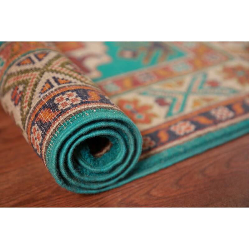 Turquoise Green Kazak Foyer Rug Hand-Knotted Geometric Wool Carpet - 2'7"x 4'0"