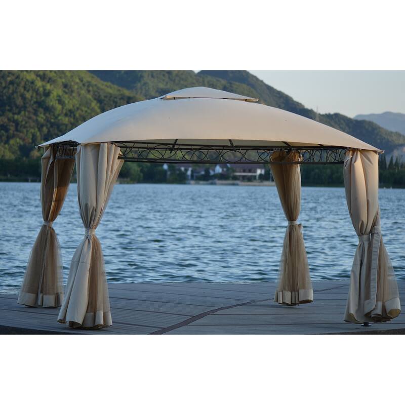 127"W x 127"D Square Quality Double Tiered Grill Canopy, Outdoor BBQ Gazebo Tent with UV Protection, Beige - 142" W x 127" D