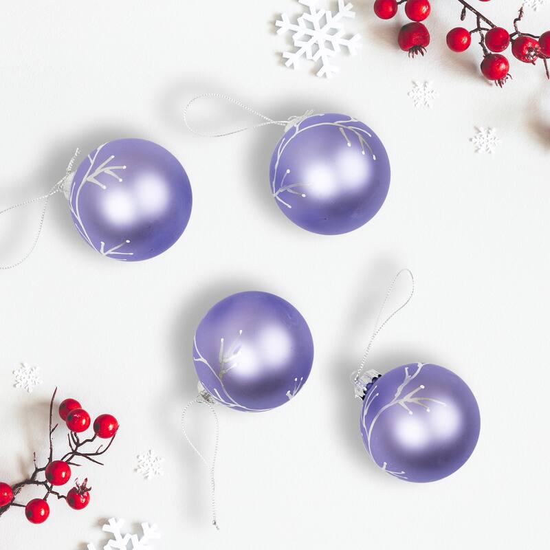 4Ct Matte Purple Glass Ball Christmas Ornaments Branch Design 2.5"