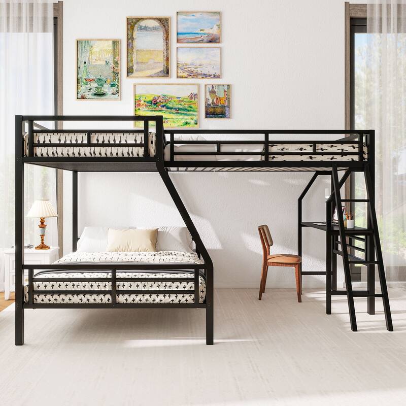 Roomfitters Twin Over Full Bunk Bed with Attached Twin Loft and Desk, Space-Saving Metal Frame for Bedroom, Black