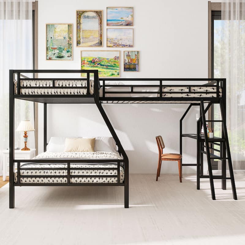 Triple Bunk Bed with Desk, Twin over Full and Loft, Metal Frame, Black