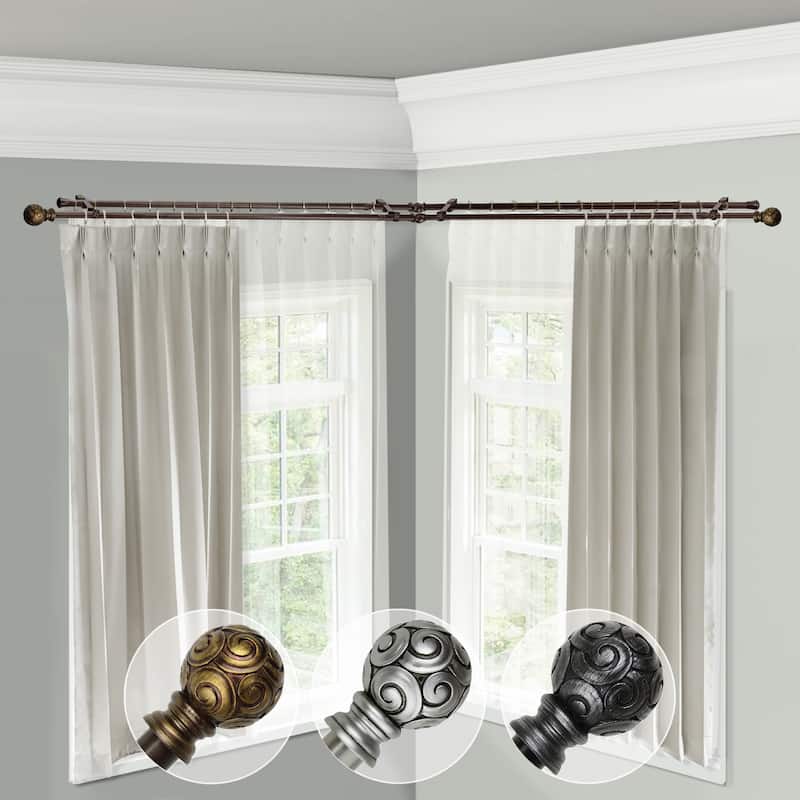 Antique Corner Window Curtain Rod - Double Rod, Adjustable 28-48", Cocoa Finish, Decorative Curtain Hardware - M