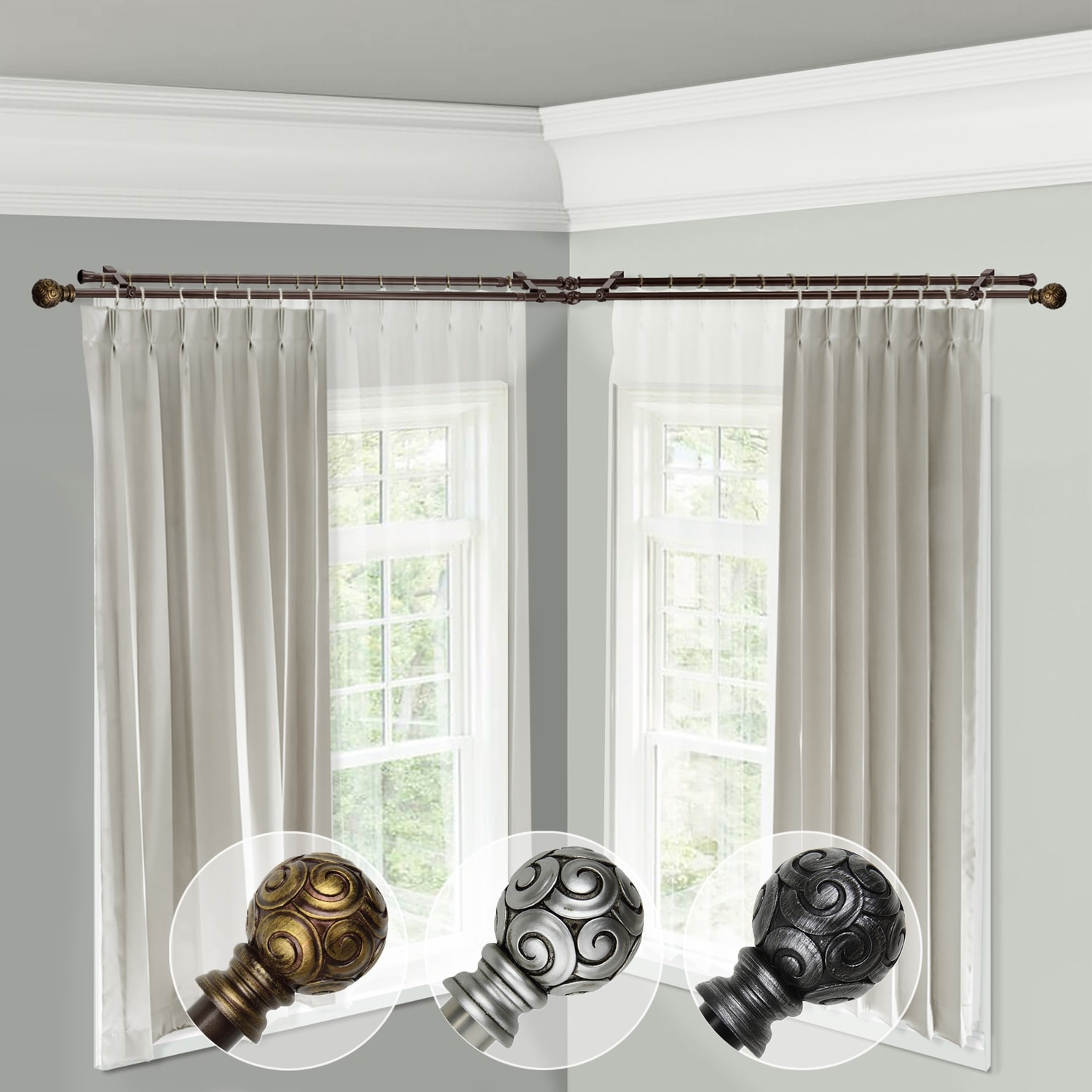 Corner Window Curtain Rod Double, Adjustable Satin Nickel Rod 48-84 inch - M, image size:1500x1500