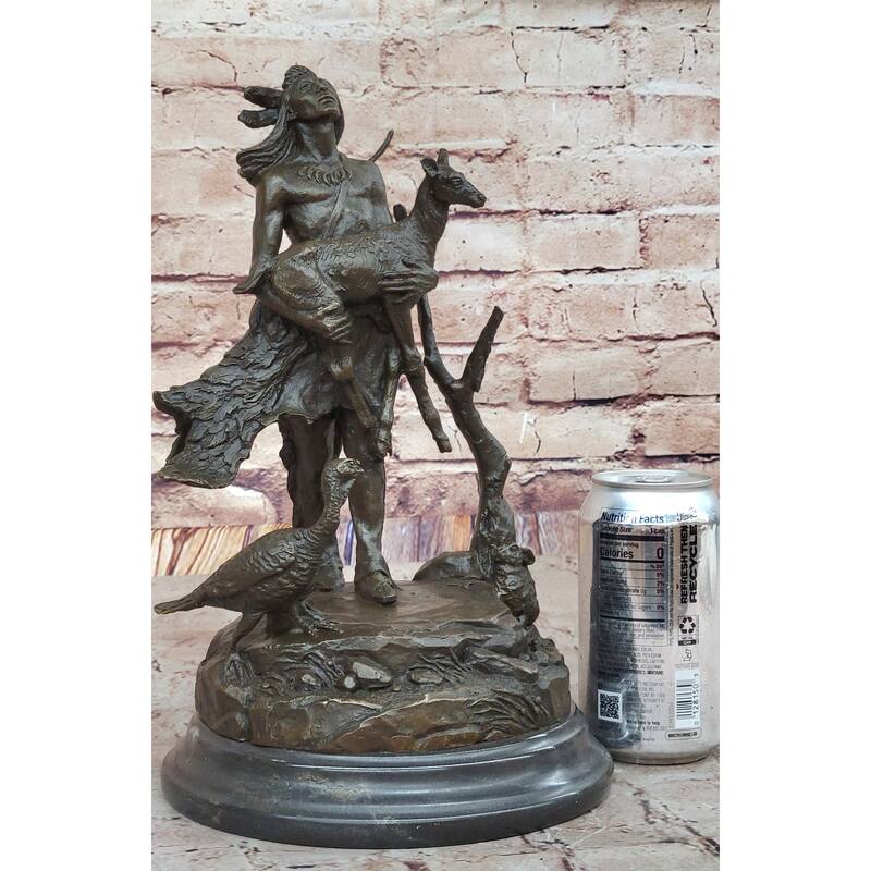 Native American Indian Shaman Holding Deer And Turkey Bronze Sculpture Statue