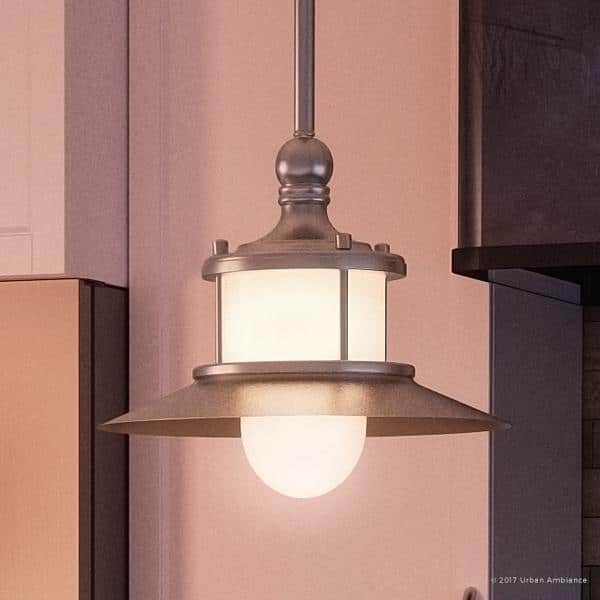 slide 2 of 7, Luxury Nautical Indoor Hanging Pendant Light, 8"H x 9.5"W, with Coastal Style, Hooded Design, Brushed Nickel Finish