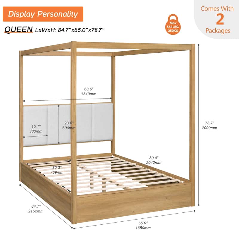 WAMPAT Modern Queen Size Canopy Bed Frame with Upholstered Headboard, Solid Wood 4 Poster Bed, No Box Spring Needed for Bedroom