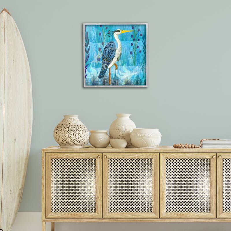 Stupell Standing Crane with Blue Tones Framed Giclee Art Design By Kay Widdowson