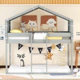Twin Over Twin Wood House Bunk Bed with Tent, Roof and Ladder, Grey ...