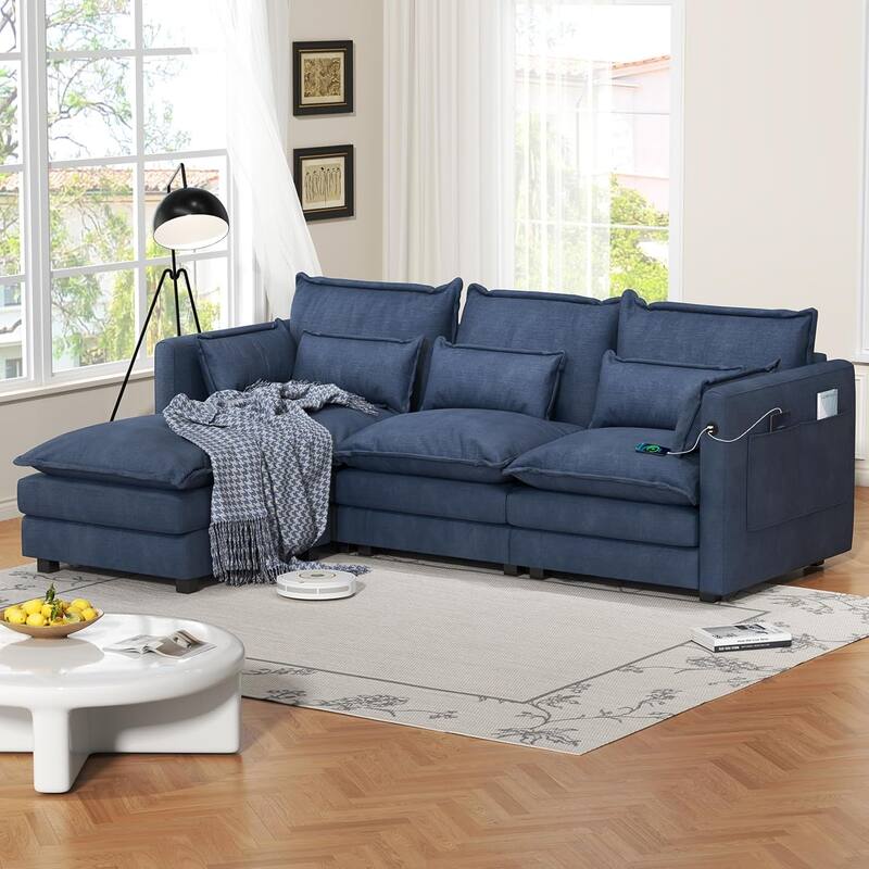 Modular Sectional Sofa L Shaped Couch, 3/4 Seat Sofa Set with Ottoman, Chenille Fabric - Blue-4 Pieces