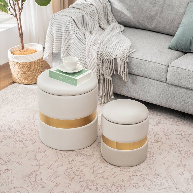 Adeco Set of 2 Velvet Storage Ottoman Round Foot Stool Metal Band