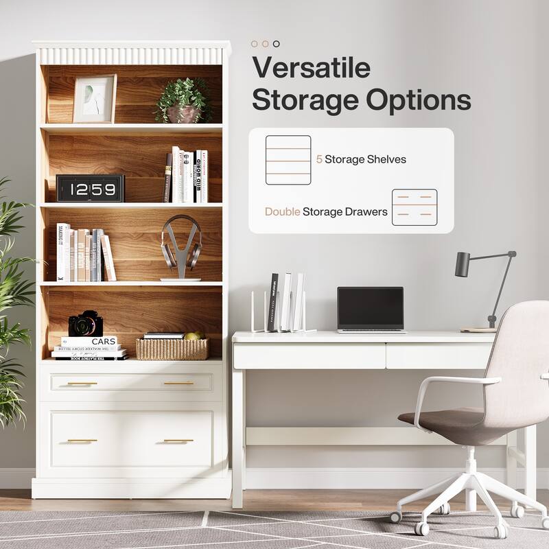 72" Tall White 5-shelf Bookcase Bookshelf with 2 Drawers