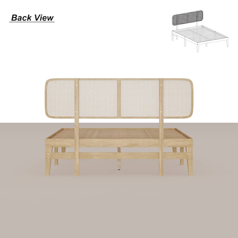 Solid Wood Platform Bed Frame with Rattan Headboard, 600 lbs Heavy Duty Support, Plywood Slats Queen / Full Size