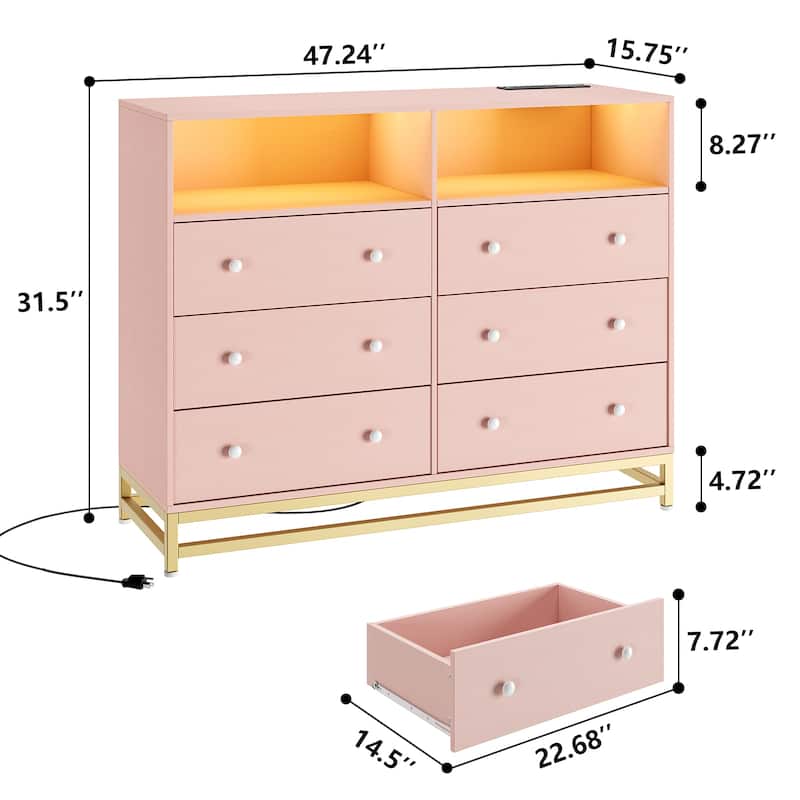 6 Drawer Dresser with LED Lights Modern Large Capacity Storage Cabinet