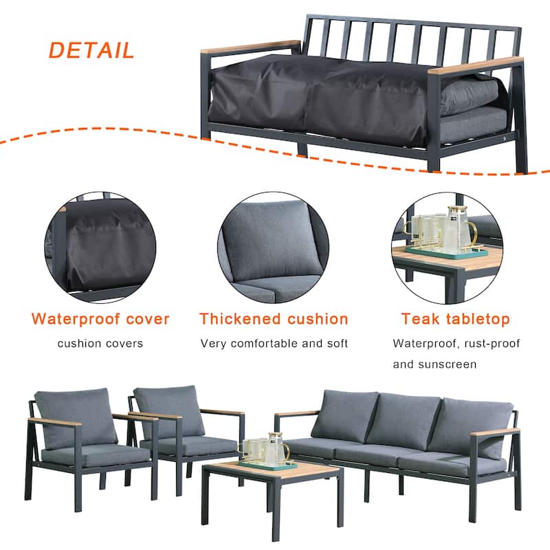 Rossio Outdoor 4 Piece Conversation Set,Aluminum Frame， Slatted Teak Wood Top