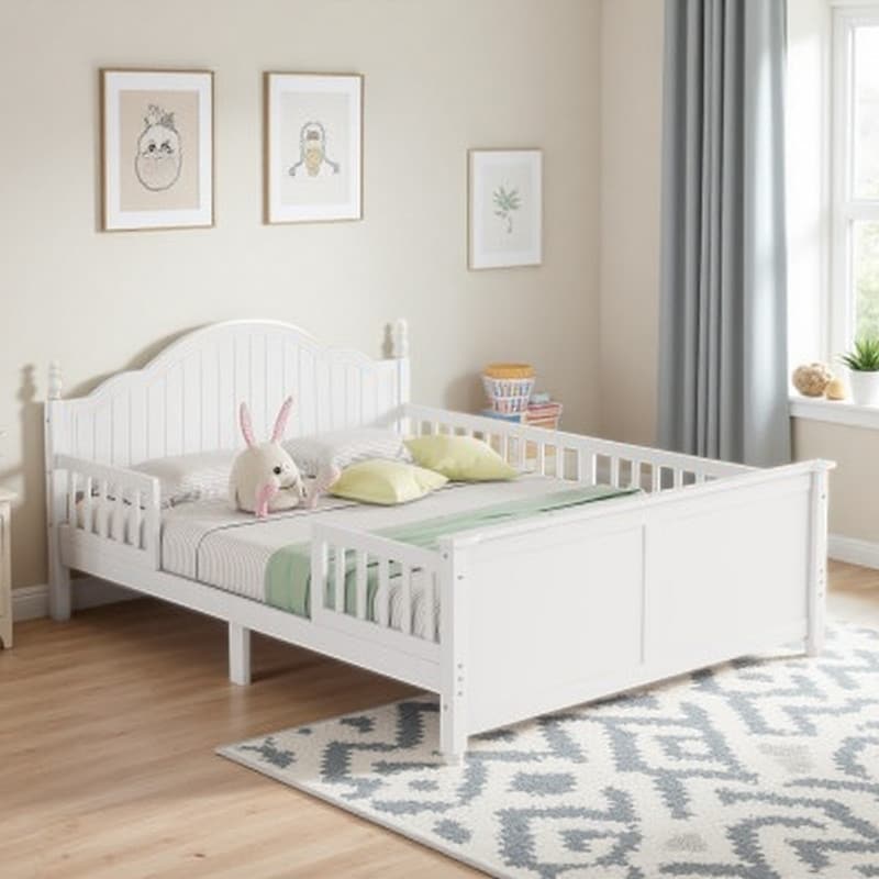 Kids Platform Bed with Headboard & Footboard, Solid Wood Frame with Safety Guardrails, Low-Profile Design & Underbed Storage