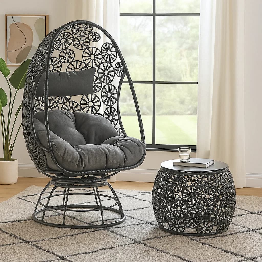 2 Piece Patio Lounge Chair with Open Circular Motifs, Black