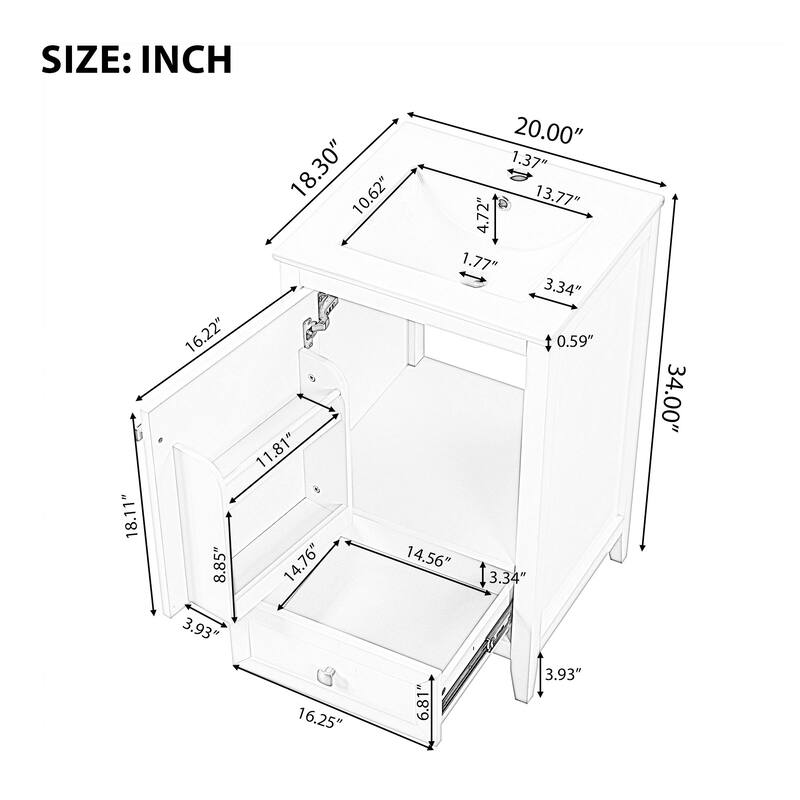 Compact 20" Bathroom Vanity with Sink, Soft Closing Door, Storage Rack & Drawer, Modern MDF Cabinet