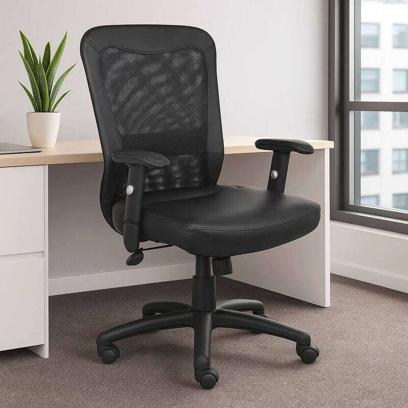 Rolling Task Chair, Black LeatherPlus Mesh, Adjustable Arms, Swivel