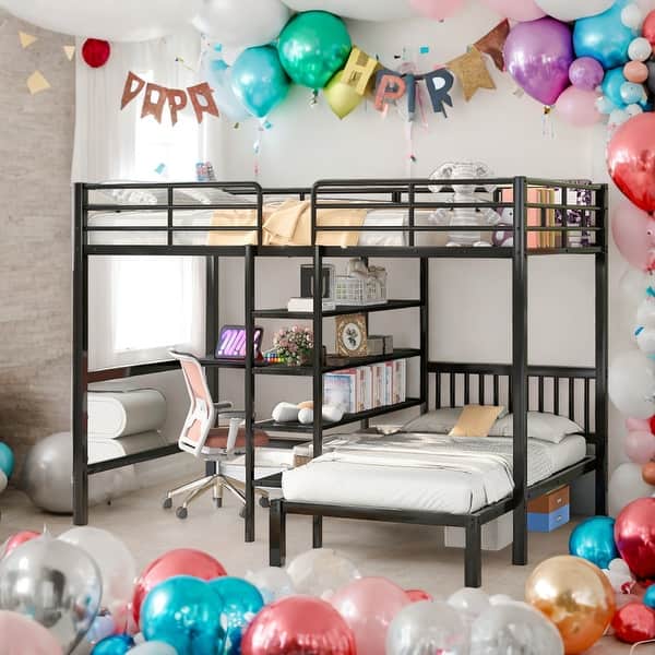 slide 2 of 32, Full Over Twin Bunk Bed With Built-in Desk,Shelves And Ladder for Bedroom