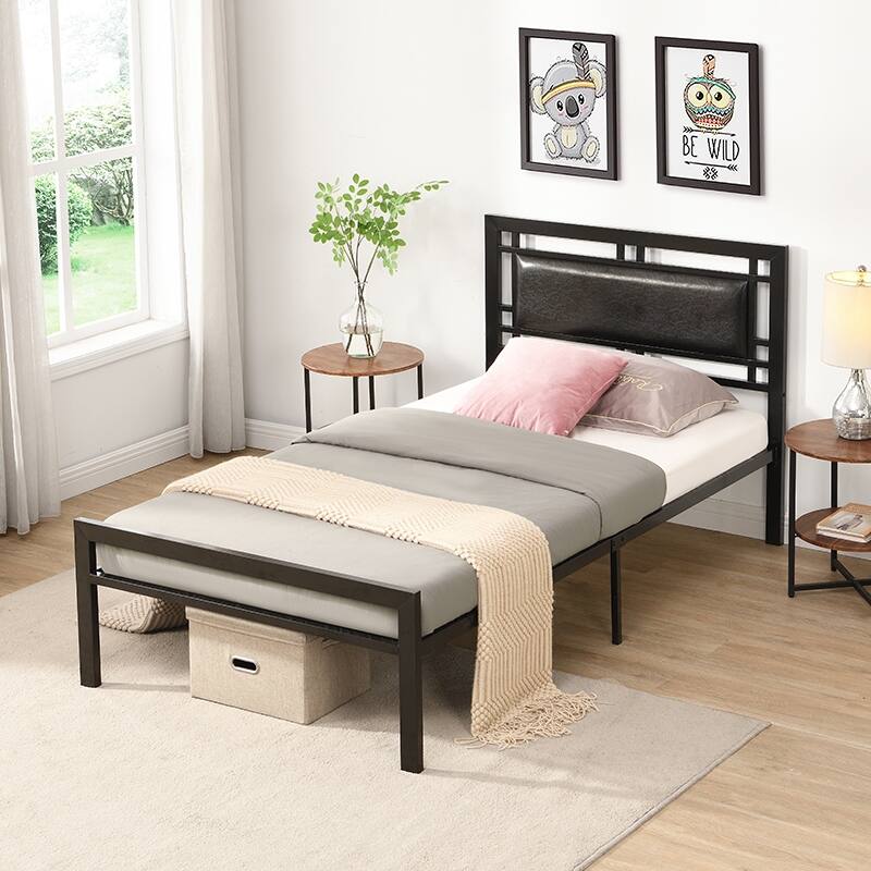 Black Modern Style Sturdy System Metal Bed with Headboard and Footboard for Bedroom - Black