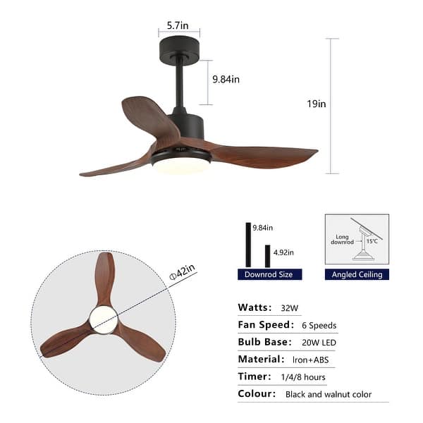dimension image slide 9 of 29, Sofucor 42"/48"/ 52"/60"Noiseless Walnut Wood Ceiling Fan with Remote Control, Integrated Light Optional