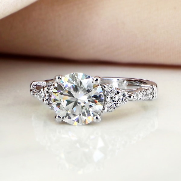 Auriya Vintage 2ct Round Moissanite and 1/5ctw Diamond Engagement Ring 14K Gold. Opens flyout.