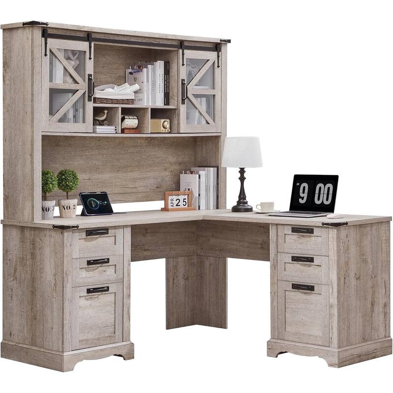 Farmhouse L Shaped Desk with Hutch, Wood Desk with Charging Station