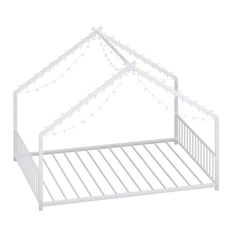 House-shaped Bed Frame, Toddler Kid Iron Floor Bed with House Roof Frame and LED Light Strips, House Daybed
