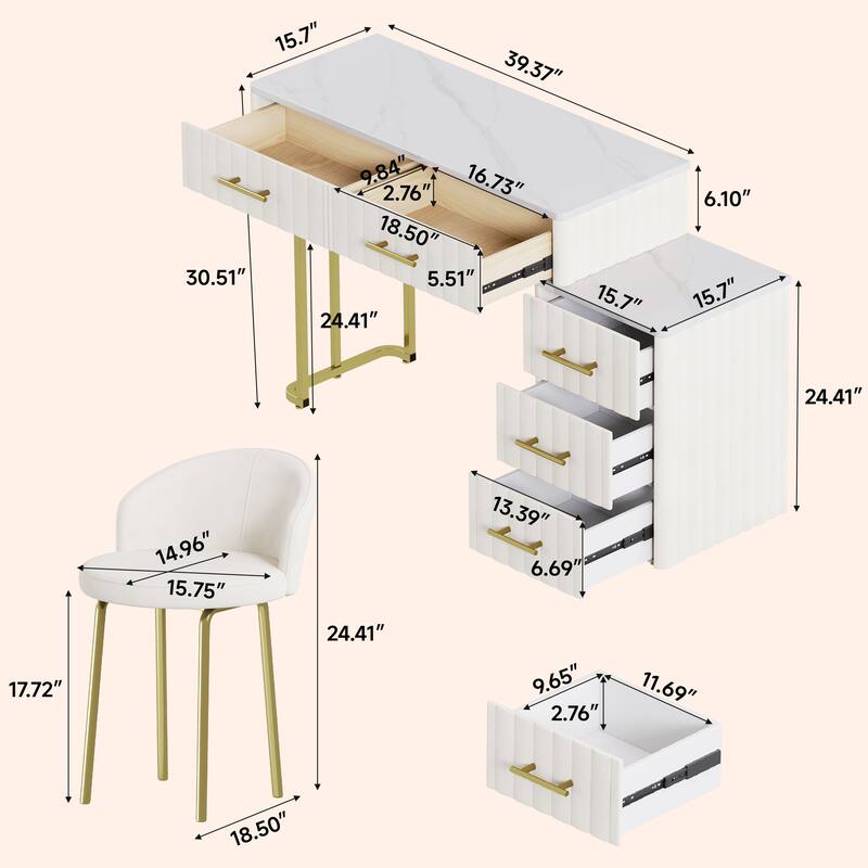 Velvet Upholstered Makeup Vanity Desk with 5 Storage Drawers, Marble-Look Sticker Top Dressing Table and Padded Makeup Chair Set