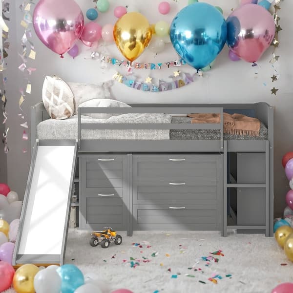 slide 2 of 20, Modern Twin Size Low Loft Bed with Cabinets,Shelves and Slide For Bedroom,Kids Grey