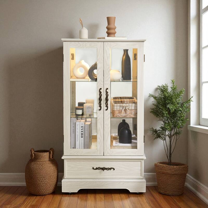 Lighted Glass Curio Cabinet with Adjustable Shelves, 2-Door Display Cabinet with Drawer and Built-in Bulb, Retro Accent Storage
