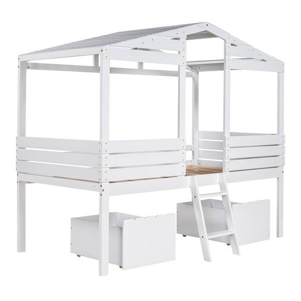 slide 2 of 19, Low Loft Twin House Bed with Roof, Windows, and Storage Drawers White