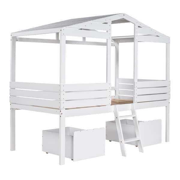 slide 2 of 28, Twin Low Loft House Bed with Frame, Drawers & Safety Guardrails White