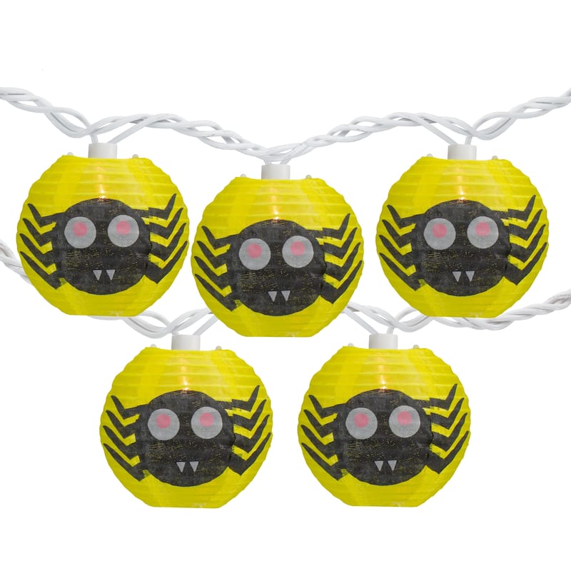 10-Count Yellow and Black Spider Paper Lantern Halloween Lights 8.5ft White Wire