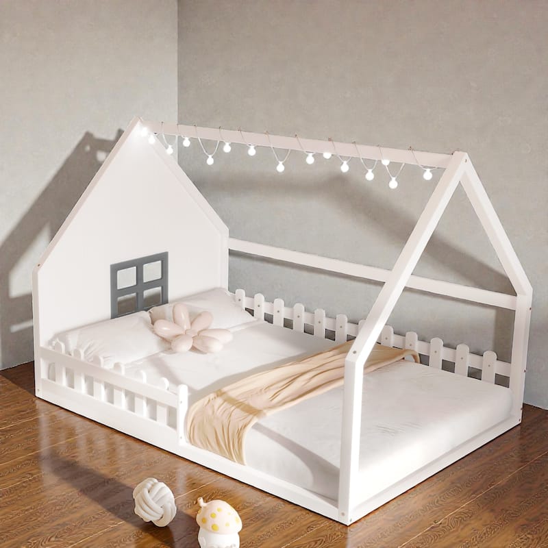 Full Size Wood House Bed with Window, Fence and LED Lights, Rustic Kids Floor Bed Frame