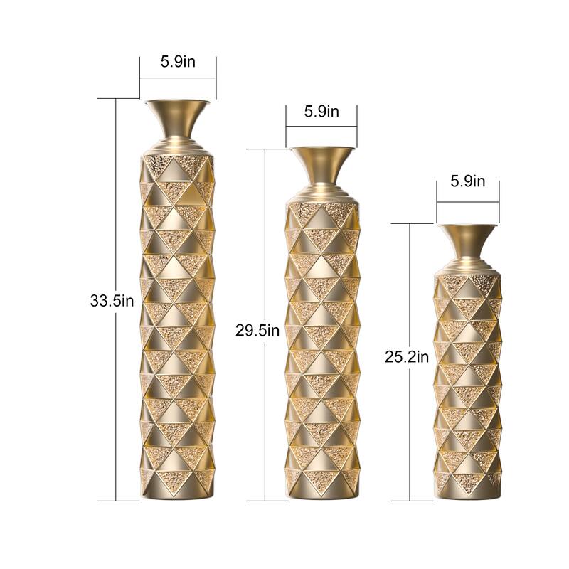 Metal Decorative Vase High Distress Metal Center Vase with 3D Triangle Pattern,Set of 3 Vases for Home Decoration